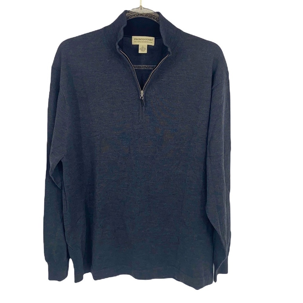 Pronto-Uomo Men's Gray Quarter-Zip Pullover 100% Extra Fine Merino Wool Large